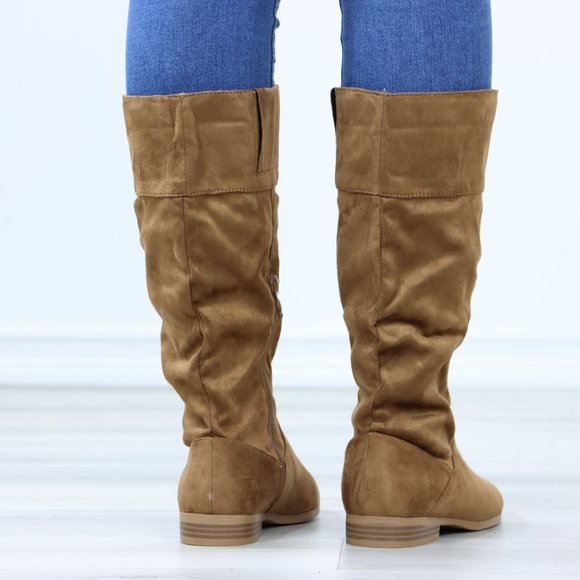 Tan Low Heel Boots Round Toe Above Ankle Mid-Calf Booties Faux Suede - Picture 7 of 12